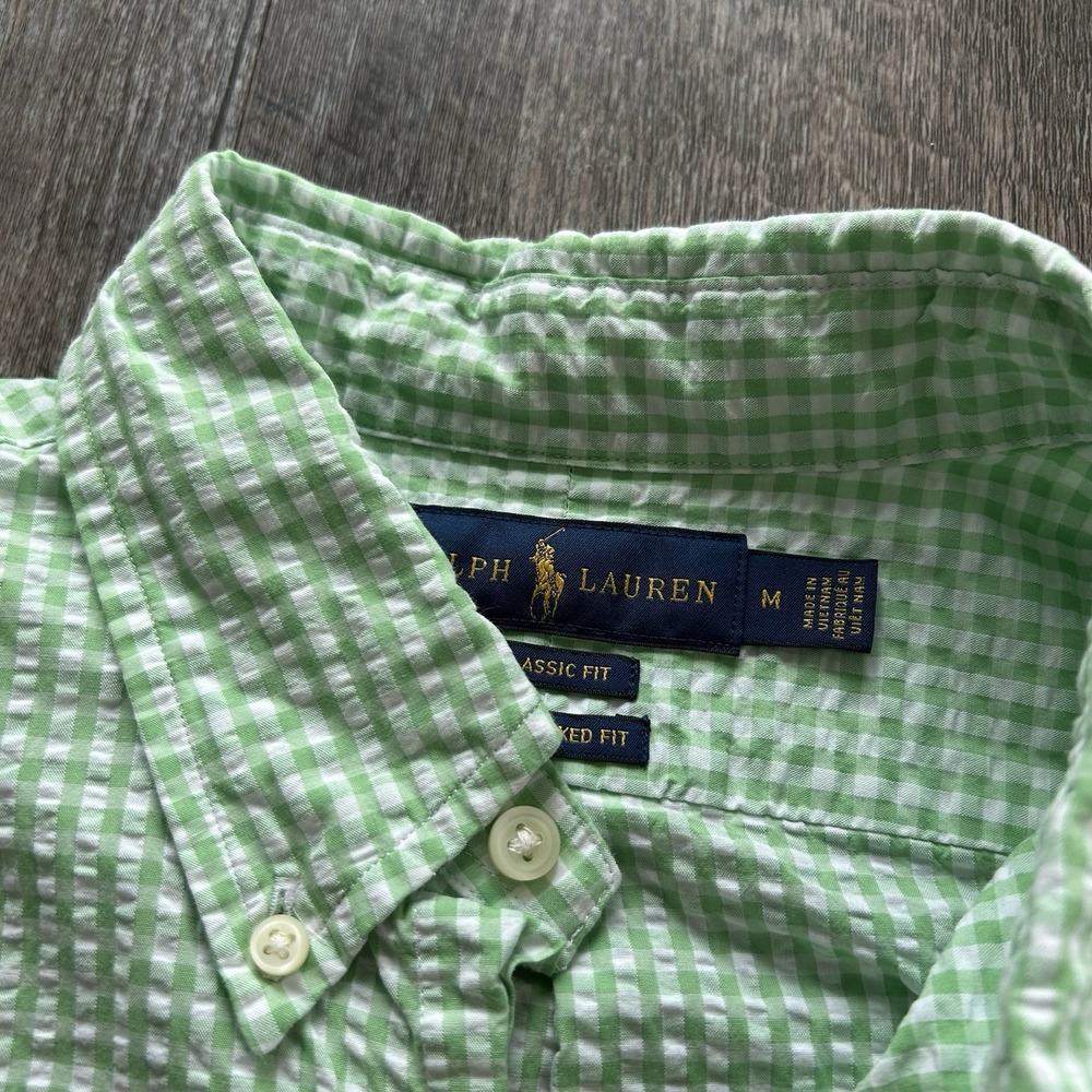 Ralph Lauren Mens Medium Classic Fit Green Gingham Seersucker Button Down Shirt - Picture 3 of 7